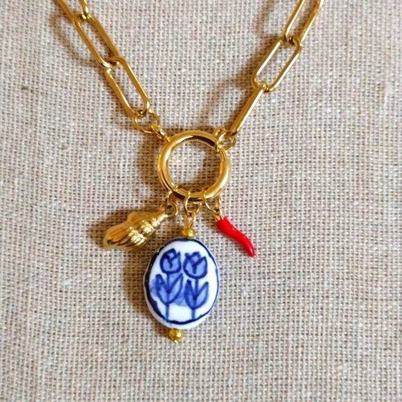 18 Kt Gold Over Titanium Necklace With Ceramic And Enamel Charms - Picture 1 of 3